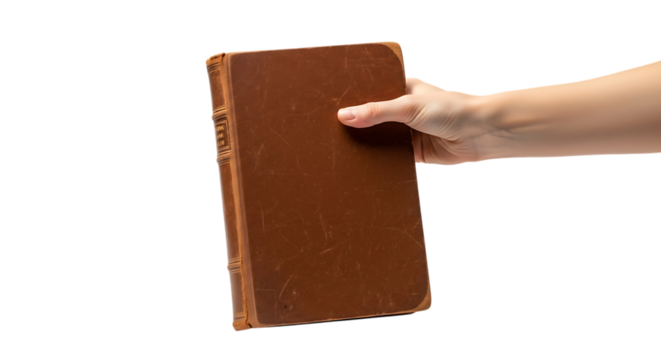 Hand holding an old brown leather bound book with embossed spine detail, isolated on a white or transparent background, cutout, PNG