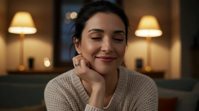 Woman resting chin on hand, smiling softly in warm indoor lighting