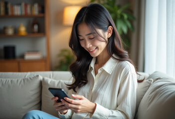 A young Japanese woman with her mobile phone, thinking in her beautiful living room. She looks at the display and taps to operate it.