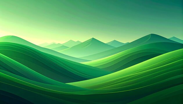 An abstract landscape painting. Undulating green waves form rolling hills, with distant peaks, a gradient sky, and verdant hues