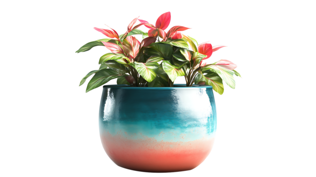 PNG of Vibrant Houseplant in Gradient Ceramic Pot on White on Transparent Background