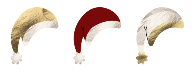 Santa hat collection, festive set of red, golden and silver caps with white fur brims and shiny