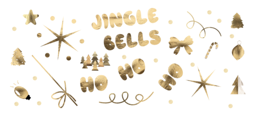 Xmas element ornament set, golden and copper decorations including star, ribbon, lamp and jingle