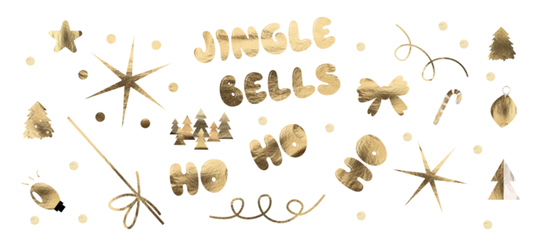 Xmas element ornament set, golden and copper decorations including star, ribbon, lamp and jingle