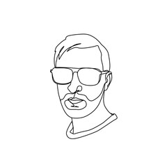 Minimal one line portrait of man wearing sunglasses and short beard. Modern continuous line artwork showing male face in minimalist style, elegant contour design for fashion or creative projects