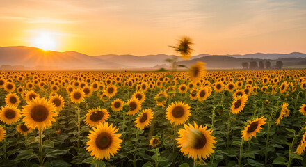 Fototapeta premium Sunrise Over a Field of Sunflowers A Beautiful Landscape of Blooming Flowers in the Morning Light