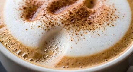 Close-up of a frothy cappuccino with cinnamon dusting.