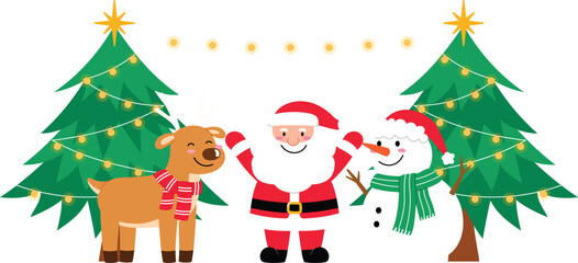 Group of Smile Reindeer, Happy Santa Claus, Friendly Snowman, Christmas Tree Decorative with Light and Star, Reindeer Wear Scarf, Santa Claus Raising Hand, Snowman with Scarf and Santa Hat   