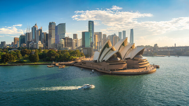 Sydney, Australia - Mar 24, 2024: Sydney Harbour Opera House Cityscape Skyline Aerial View
