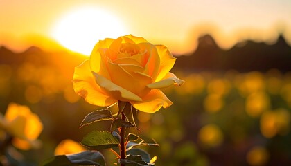 Close-up of yellow rose with sunset backdrop over a field