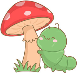 Cute cartoon caterpillar hugging a mushroom, kawaii style