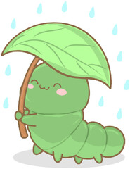 Cute cartoon caterpillar holding leaf umbrella in the rain, nature illustration