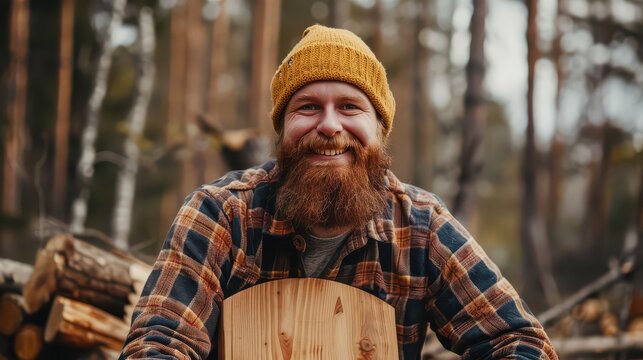 Smiling lumberjack with bushy red beard and yellow beanie enjoys a moment of rest after chopping wood in a forest setting