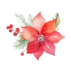 Watercolor illustration of red poinsettia flower with holly leaves and red berries. Christmas floral decor for holiday cards, winter decor, holiday design and seasonal patterns. Isolated on white back