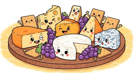 Cute Kawaii Cheese Platter with Grapes and Crackers Illustration.