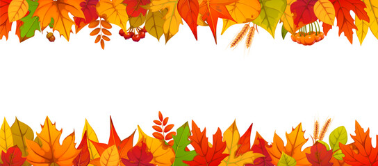 Autumn foliage vector border frame with berries and acorns, oak, maple, aspen and birch leaves in red, orange, brown and yellow colors. Autumn fall seasonal border. Template with cartoon foliage