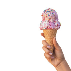 Delicious Ice Cream Cone in Hand: A refreshing ice cream cone, a sweet treat held in a hand, offers a moment of pure indulgence. with sprinkles, a delightful dessert.
