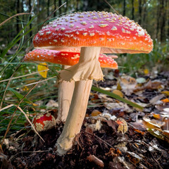 Dynamische Untersicht auf leuchtend rote Fliegenpilze mit weißen Flocken, im kontrastreichen...