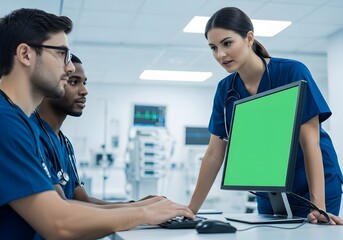Medical Team Looking at Green Screen Monitor Mockup Hospital Operation Room Technology