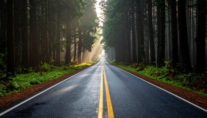 Fototapeta premium An empty asphalt road stretches toward the light between tall, verdant trees, illuminated by sunlight streaming through the canopy