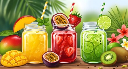 Refreshing Tropical Fruit Smoothies in Mason Jars with Straws.