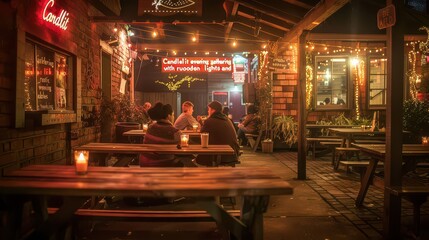 Cozy outdoor gathering at a warmly lit restaurant with friends enjoying drinks and conversation under the stars