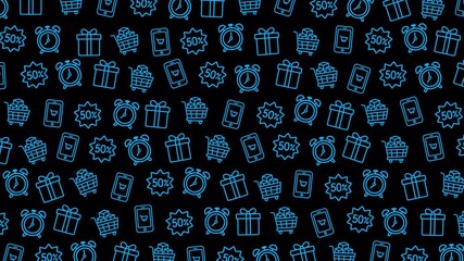 Blue shopping icons on a monday pattern with black background. Great for cyber monday, retail, marketing, and seasonal sales themes