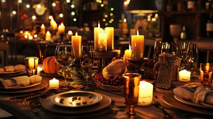 Elegant Thanksgiving dinner table setting with lit candles and fall harvest decorations for a warm, inviting celebration