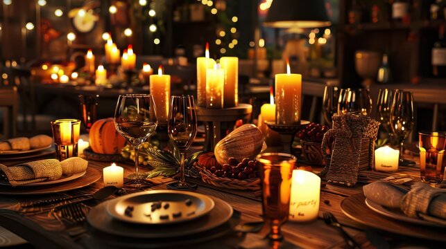 Elegant Thanksgiving dinner table setting with lit candles and fall harvest decorations for a warm, inviting celebration