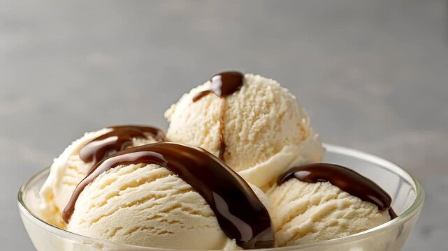 Hot fudge sauce being poured over vanilla ice cream scoops, melting edges, close-up capturing sauce drip trails