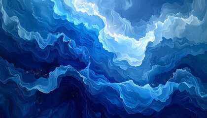 Abstract textured illustration of swirling shades of blue, reminiscent of ocean waves or aerial views