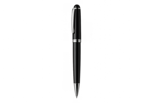 Black pen with silver accents for writing and office work, conveying professionalism and business on transparent background - Powered by Adobe