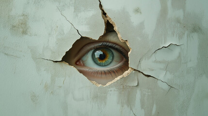 Eye Peeking Through Cracked Wall Symbolizing Observation and Curiosity