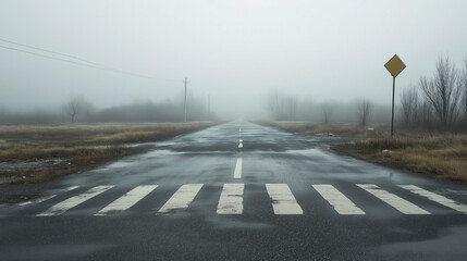 Desolate Foggy Road with Crosswalk Leading into the Unknown