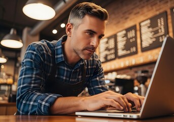 Coffee Shop Owner Using Laptop Typing on Keyboard Managing Small Business Online
