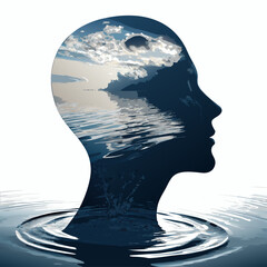 Double exposure of a human head and a sea landscape, A mental health and psychology concept, Vector illustration - Generative AI
