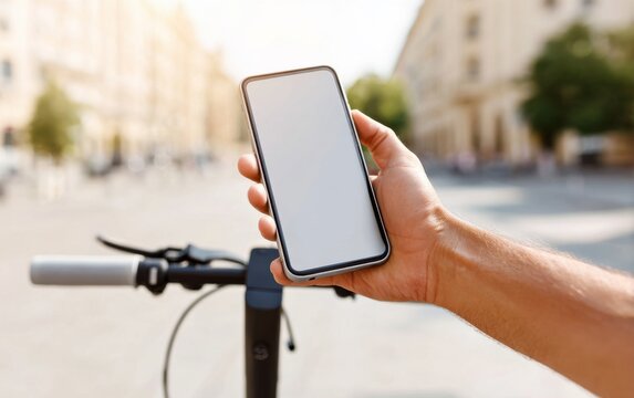 Person holds smartphone near electric scooter outdoors ready to unlock the device and begin riding