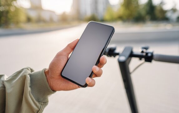 Person holds smartphone near electric scooter outdoors ready to unlock the device and begin riding