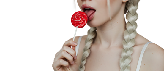 Sexy seductive blonde woman licking red lollipop transparent PNG isolated background, close sup. Seduction, teasing, candy, sweet summer vibes