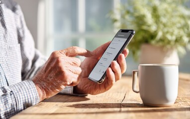 Elderly man using password manager app on smartphone during daytime near mug