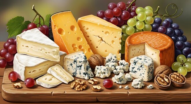 Assortment of gourmet cheeses and fresh grapes on a rustic wooden board.