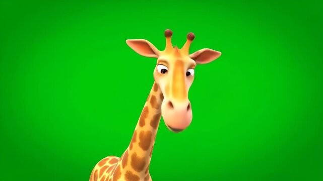 A cartoon giraffe with a long neck and spotted coat, looking forward against a green background.