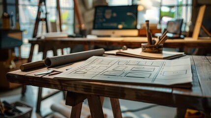 Architect's workspace with blueprint and design sketches, creative studio with drafting table and computer for modern project planning