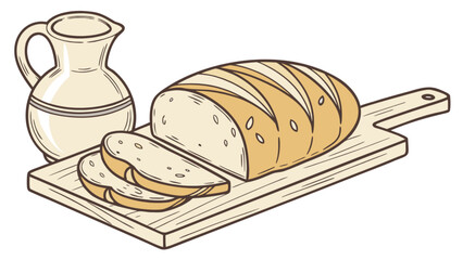 Artistic sketch vector illustration of freshly baked bread loaf and slices with pitcher on wooden board