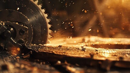 Dynamic woodworking scene with circular saw cutting through wood, sparks flying, creating a stunning visual of craftsmanship and construction