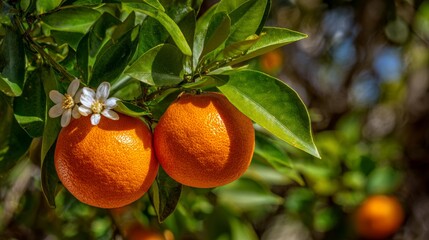 Two ripe citrus fruits hang amidst green leaves and delicate white blossoms on a sunlit branch