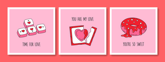 Hand drawn greeting cards set of Valentines Day and Love with typography. Vintage design with romantic elements and stickers. Minimal doodle concept for print, banner, invitation, poster, flyer
