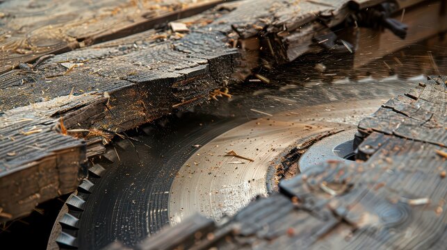 Dynamic close-up of a circular saw cutting through wood with sparks flying, showcasing craftsmanship and woodworking