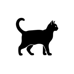 Silhouette of a standing black cat with its tail curled upwards, presented in a clean, minimalist vector graphic against a white background