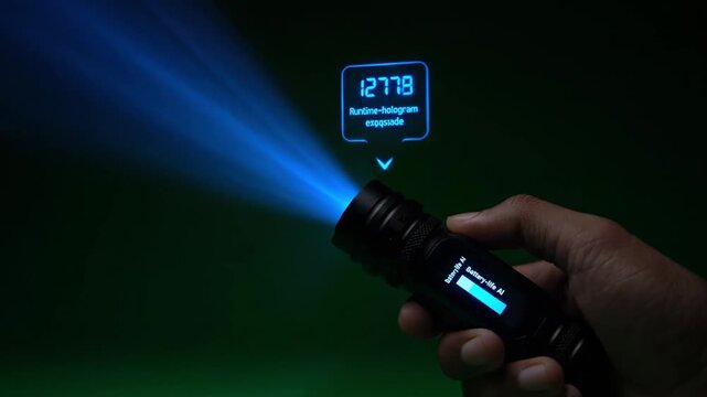 A handheld flashlight emitting a blue beam, with UI display, and a floating data readout - Powered by Adobe